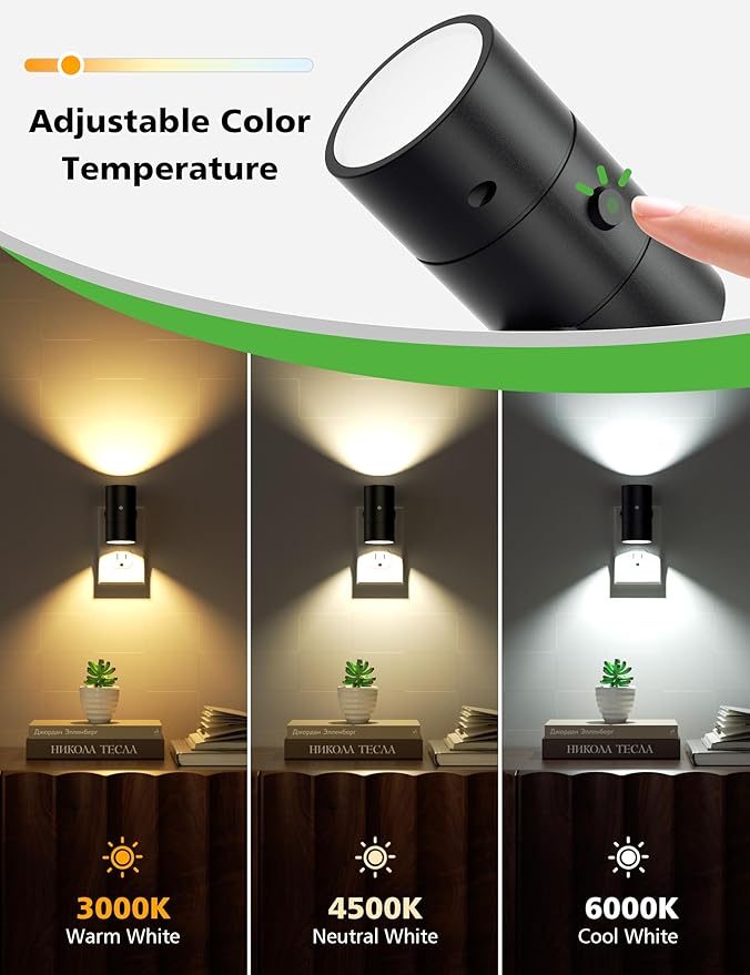 Night Lights Plug Into Wall,3 Color Temperatures LED Night Light Plug in,Dusk to Dawn Sensor,0-100LM Adjustable Brightness,Dimmable Night Lights for Hallway Bathroom Stair Bedroom,Black,6 Pack