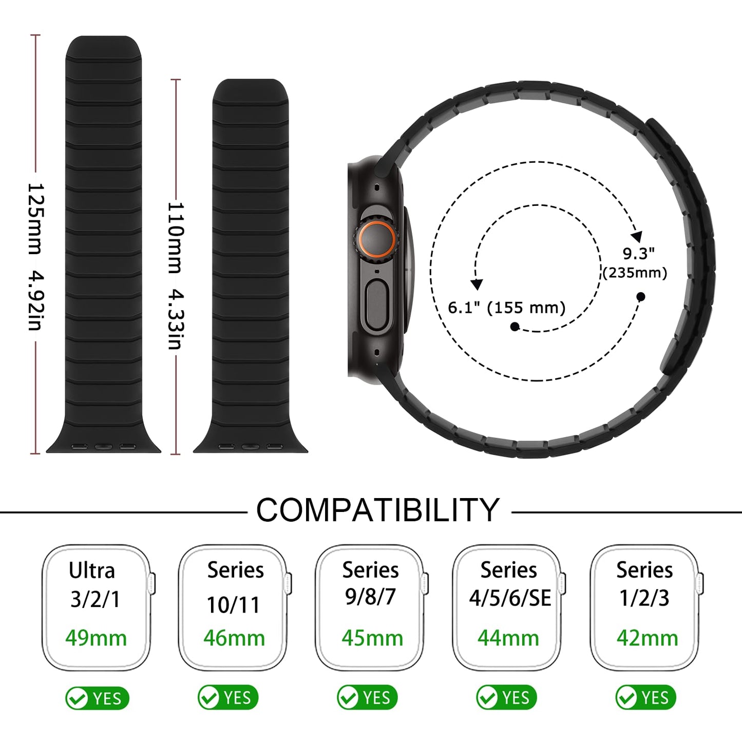 Tasikar Magnetic Straps Compatible with Apple Watch 49mm 46mm 45mm 44mm 42mm Soft Silicone Replacement Loop Wristband for iWatch Ultra 3 2 1 SE Series 11 10 9 8 7 6 5 4 3, Black