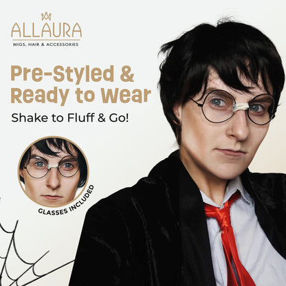 ALLAURA Compatible with Harry Potter Wig – Short Black Boy Wizard Wig & Glasses Set for Kids & Adults – Magical School Costume Accessory for Halloween, Cosplay, Book Week, Fantasy Party Outfits