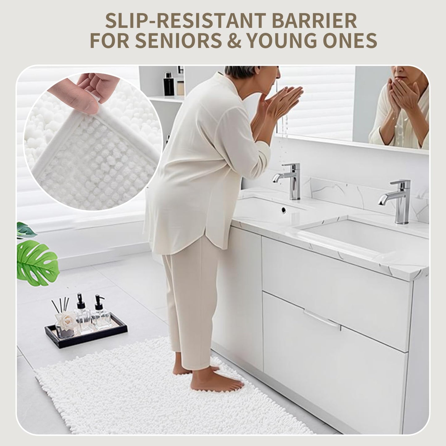 Ruggnovea Bathroom Rugs Non Slip Washable 36x24, Extra Thick Soft Chenille Absorbent Bath Mat, High Density Barrier Non Slip Backing, Quick Dry Plush Shaggy Floor Carpet for Tub&Shower, White