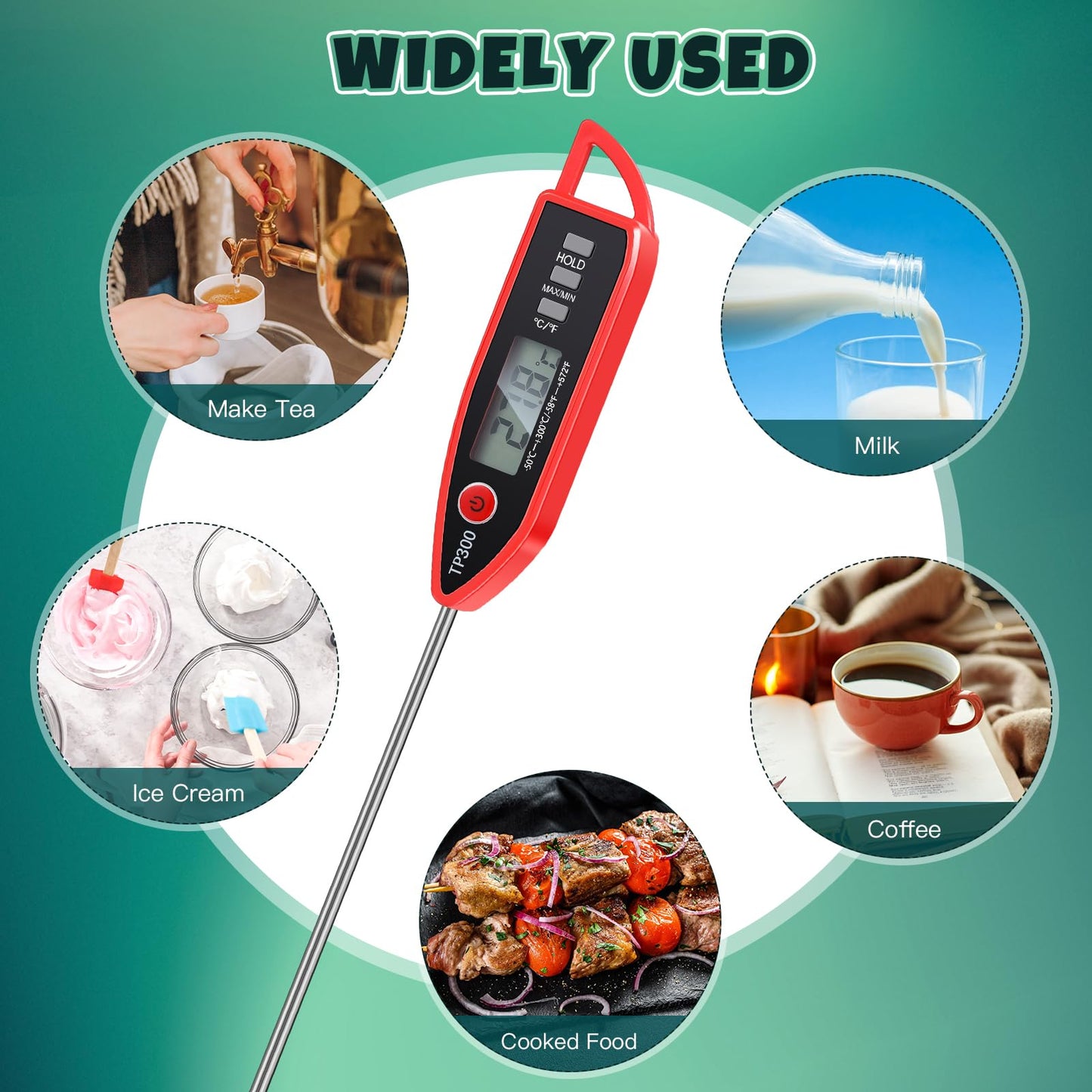 6 Pcs Instant Read Meat Thermometer with Long Probe 9.65 Inch Kitchen Cooking Food Candy Waterproof Digital Thermometer for BBQ Water Milk Yogurt Liquid (Round&Square Ring,Black,White,Red)