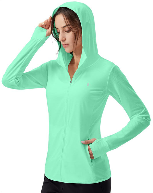 Soothfeel Women's UPF 50+ Sun Protection Hoodie Jacket Lightweight Long Sleeve Sun Shirt for Women with Pocket Hiking Outdoor Bright Green L