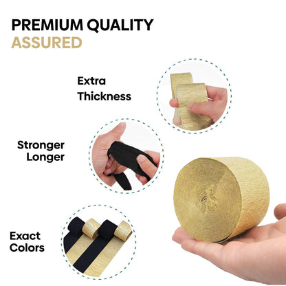 Captain Décor 4 Crepe Paper Streamers Rolls, 328ft Pack of 4 Gold and Black Streamers for Party Decorations, Birthday Streamers, Party Streamers for Wedding Decoration (1.8 inch x 82 ft/Roll)…