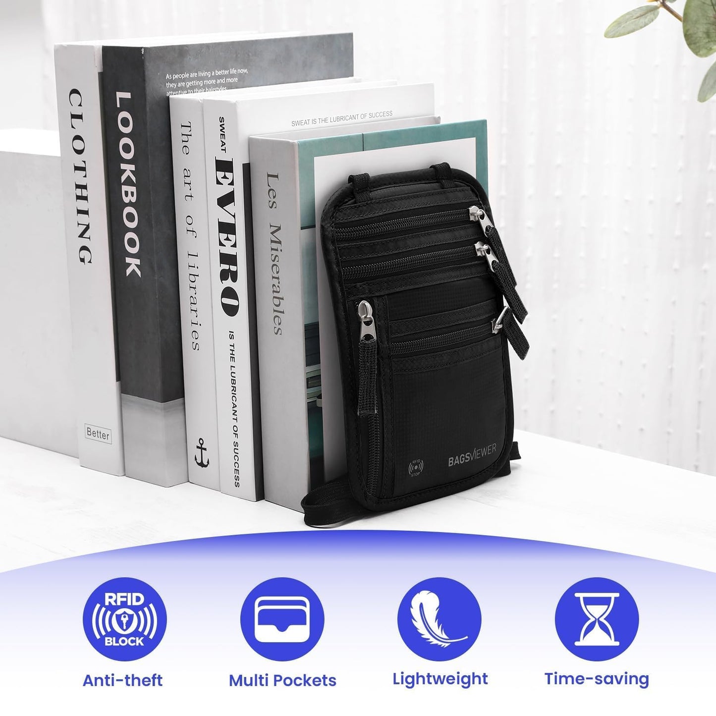 BAGSVIEWER Neck Wallet, RFID Blocking Passport Holder for Travel, Waterproof and Slim Pouch with Adjustable Neck Strap for Men, Women to Secure Cash and Credit Cards, 8" × 8.5"