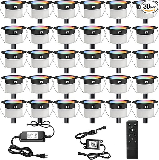 FVTLED LED Deck Lights Kit, 30pcs Φ1.22 WiFi Smart Phone Control Low Voltage Recessed RGBW Deck Lighting Waterproof Outdoor Yard Path Stair Decor, Black