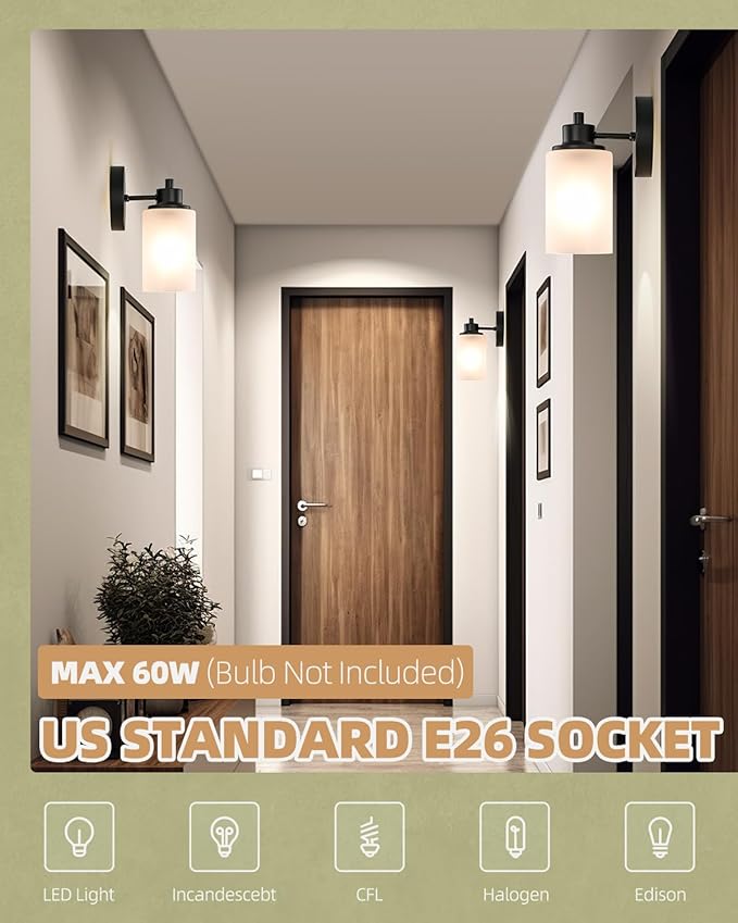 3 Pack Black Farmhouse Wall Sconces Light, Indoor Bath Vanity Light Fixtures with White Frosted Glass Shade, Modern Bathroom Wall Mounted Lights E26 Base Lamp for Bedroom, Porch, Kitchen