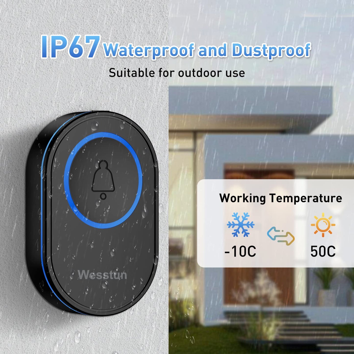 Wesstun Wireless Doorbell with 2 Receivers, IP67 Waterproof Door Chime Kit Operating at The Range of 300m, 2 Plug-in Door Bell Receivers with 39 Ringtones, LED Light & 5-Level Volume Control, Black