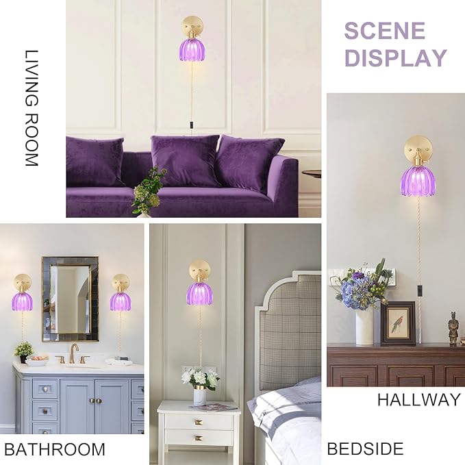 Plug in Wall Sconces Set of 2, Vintage Wall Sconce Light with Tulip Purple Glass Lampshade, 180° Adjustable Wall Sconce with Switch and Plug in wall lamp Cord, Gold Wall Light Wall Decor Set of 2