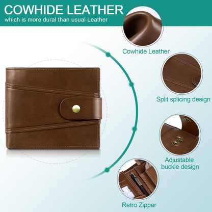 GSG SINCE 1998 Men's Wallets Cowhide Leather Multi-Functional RFID Blocking Wallet with 17 Credit Card Slots, 2 Banknote Compartments, 2 ID Windows, 1 Coin Pocket Dark Brown