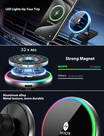 MOKPR for Magsafe Car Mount Charger, 15W Magnetic Wireless Car Charger, Air Vent/Dashboard for Magsafe Phone Holder Fits iPhone 16/15/14/13/12