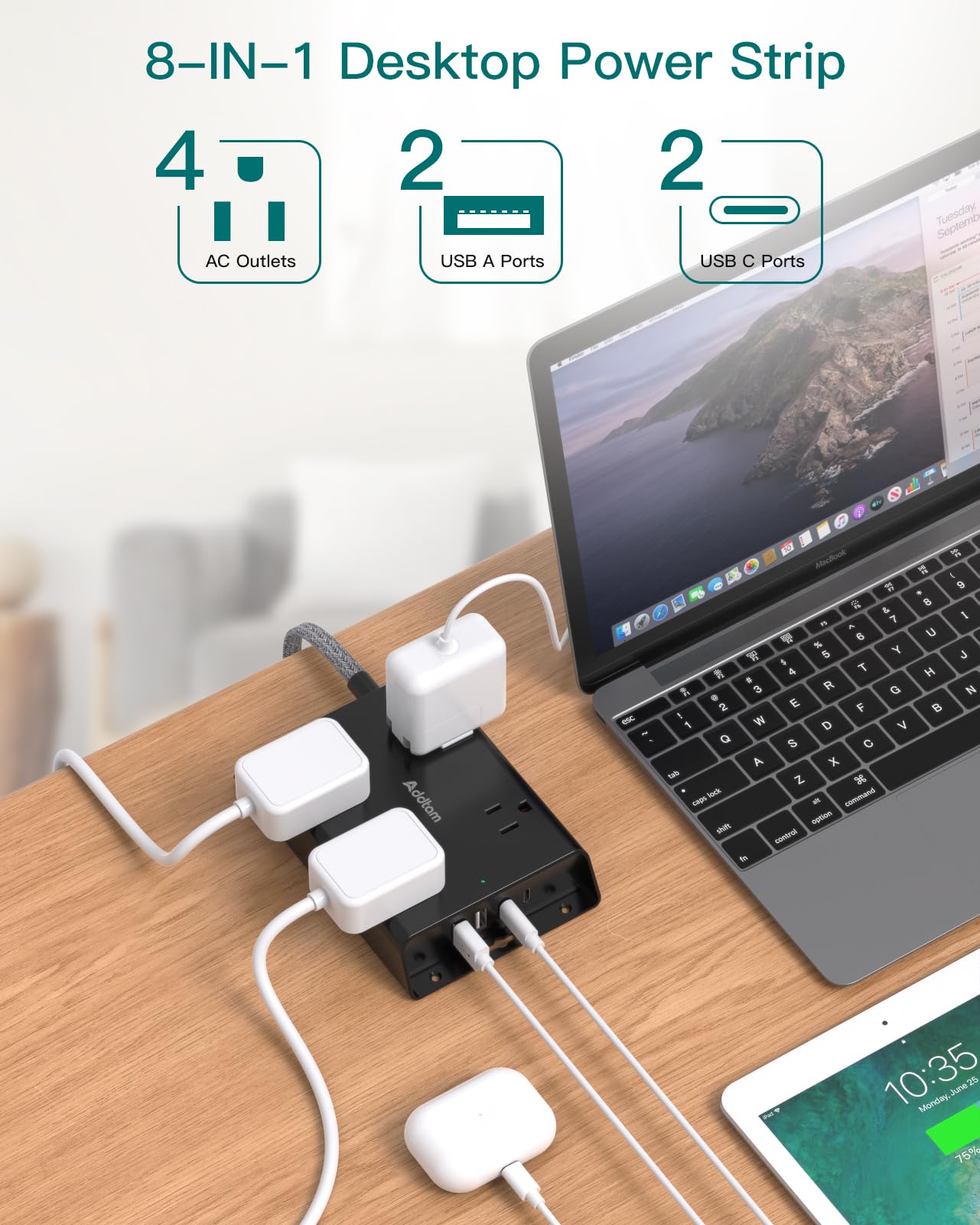 Surge Protector Power Strip, Addtam 5 ft Flat Plug Extension Cord with 4 USB Wall Charger(2 USB C Port), 4 Widely Outlets Desk Charging Station, Home Office and College Dorm Room Essentials