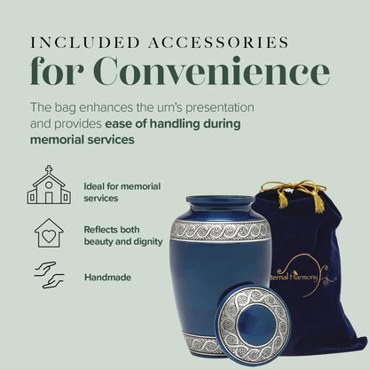 Eternal Harmony Cremation Urn for Human Ashes | Memorial Urn Carefully Handcrafted with Elegant Finishes to Honor and Remember Your Loved One | Adult Urn Large Size with Beautiful Velvet Bag (Blue)