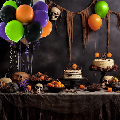 NEBURORA 60pcs Halloween Party Balloons Kit 12inch Orange Black Green Purple Balloons with Ribbons for Halloween Theme Party Background Classroom Indoor and Outdoor Party Decorations