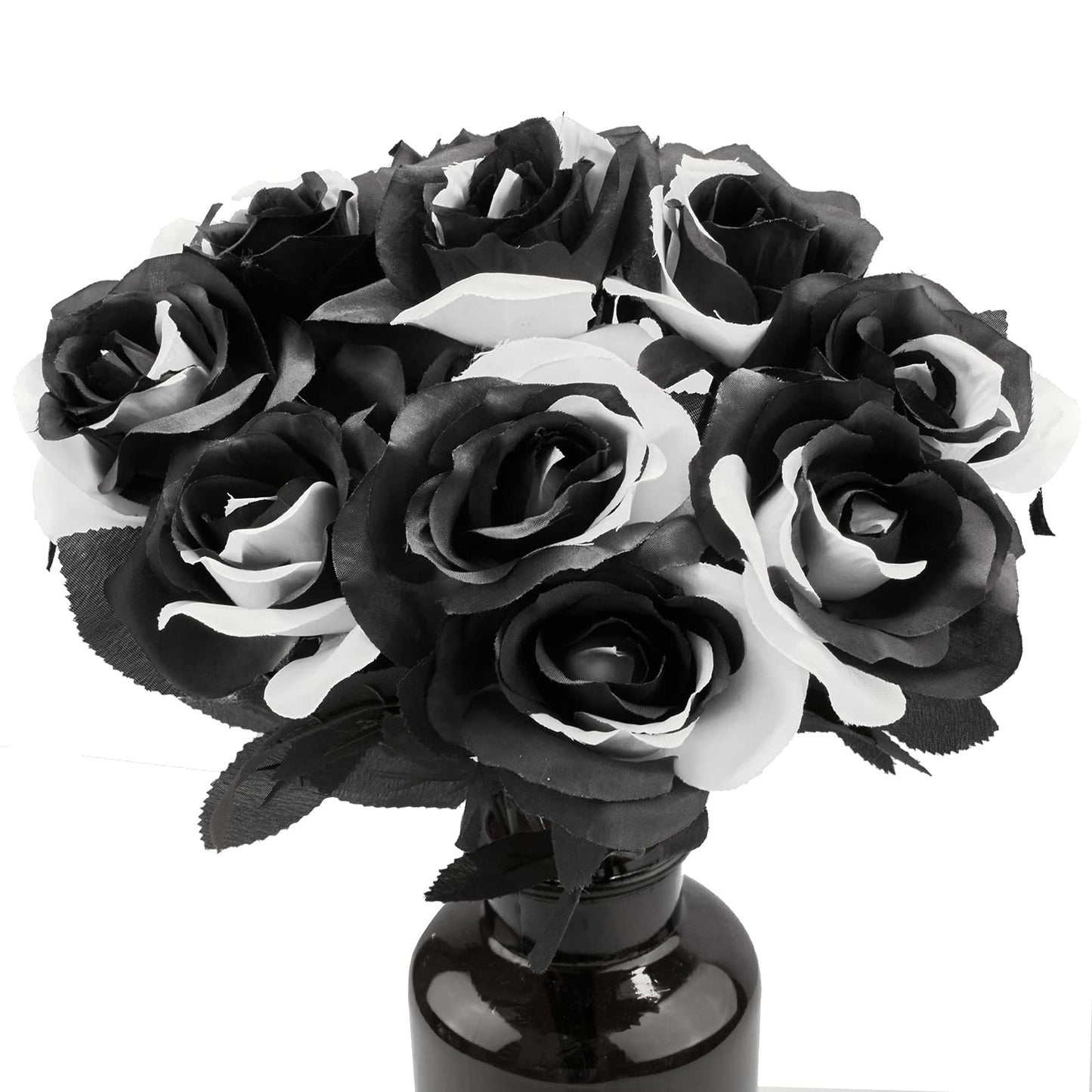 TUZAZO 10pcs Black and White Roses Artificial Flowers with Stems, Faux Silk Flowers Bridal Gothic Wedding Bouquet, Realistic Blossom Flora for Home, Office, Hotel Decorations