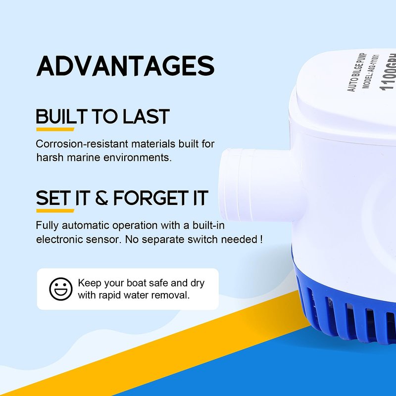 1100GPH Automatic Bilge Pump for Boats 12V Submersible Water Pump with Float Switch 1-1/8" Outlet