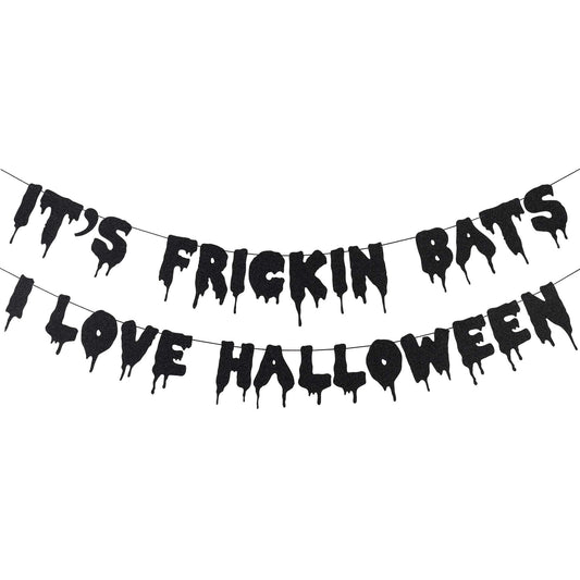 Black Glitter It's Frickin Bats I Love Halloween Banner, Halloween Bats Banner Spooky Halloween Party Banner for halloween Mantle Yard Home Decor