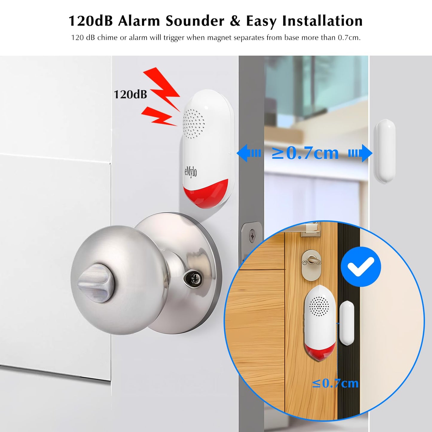 Chatthen eMylo Door Alarm, 120dB Door Alarms When Opened, WiFi Door Sensor with Alarm Light, Compatible with Smart Life app and Tuya Smart, Alarms for Home Kids Safety, 1 Pack, CSAF869