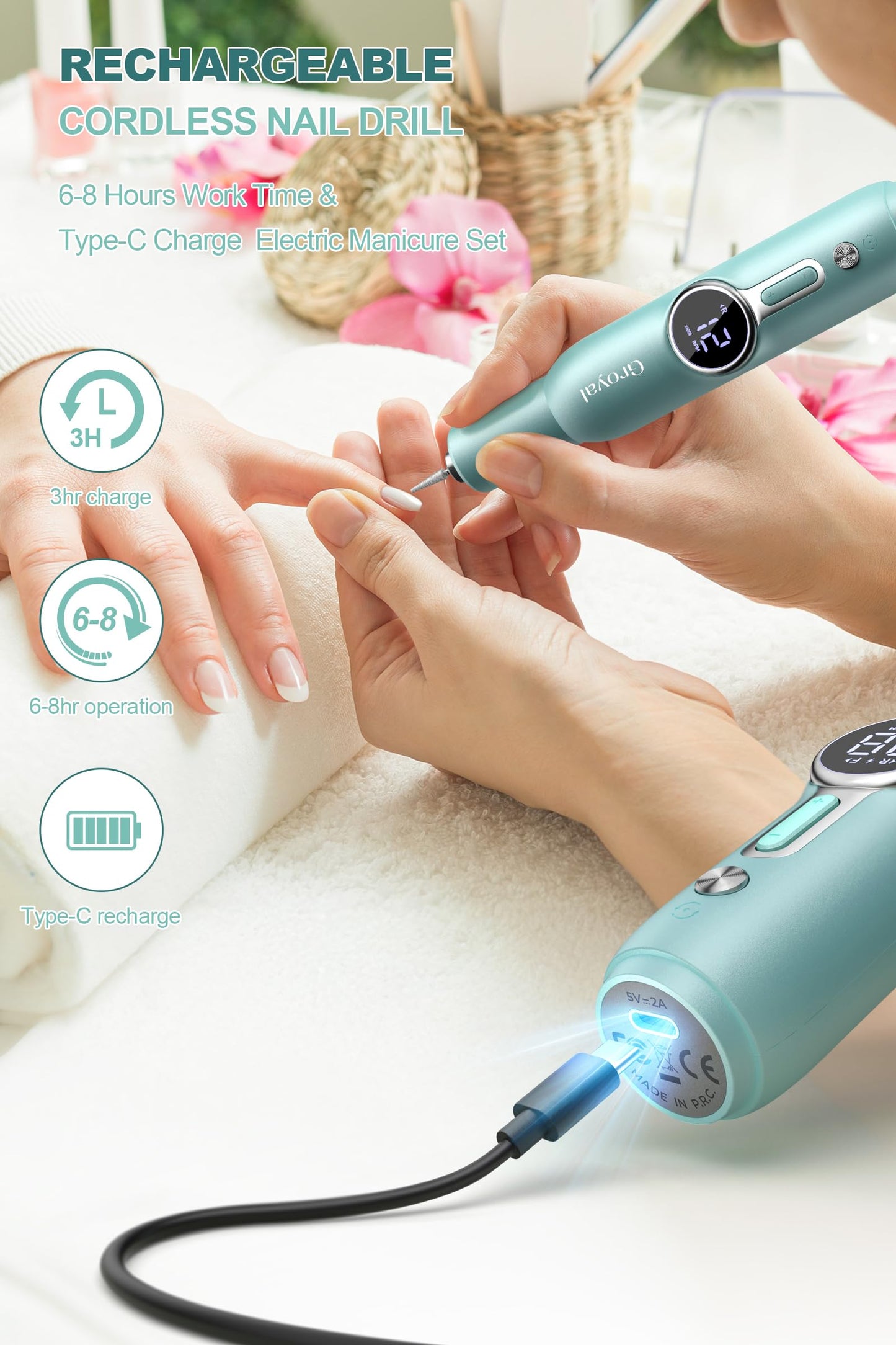 Electric Nail Drill Professional, 45000RPM Cordless Electric Nail File for Acrylic Gel Nails, Professional Nail Drill Manicure Pedicure Polishing Shape Tools for Home Salon