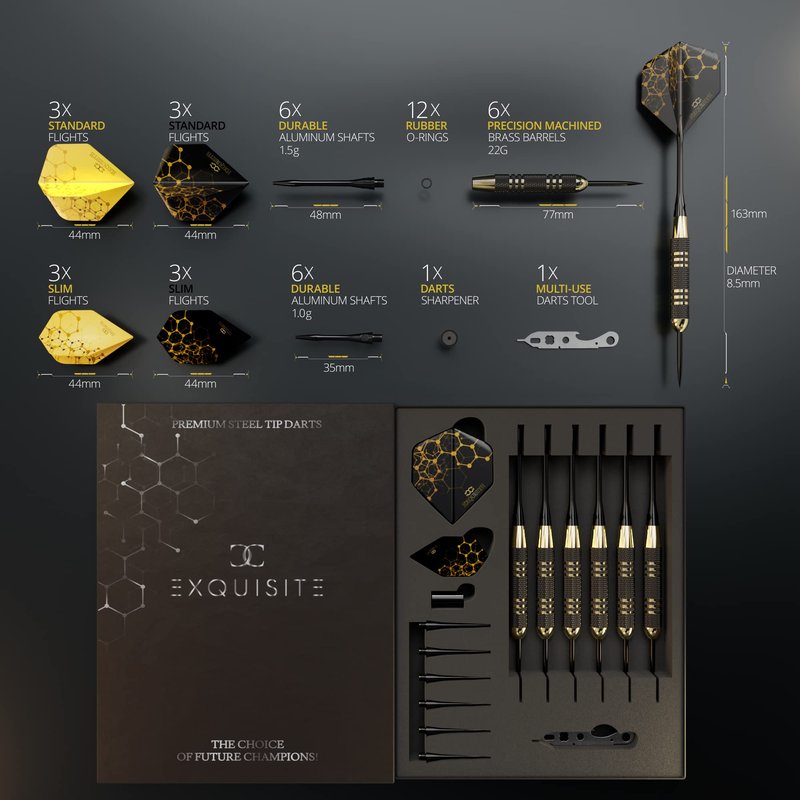 CC-Exquisite Premium Steel Tip Darts Set - Professional Darts, Brass Barrels, Metal Tip Darts, Extra Flights, (12) Aluminum Shafts 35/48, O-Rings, Dart Tool, Dart Sharpener, Darts Case