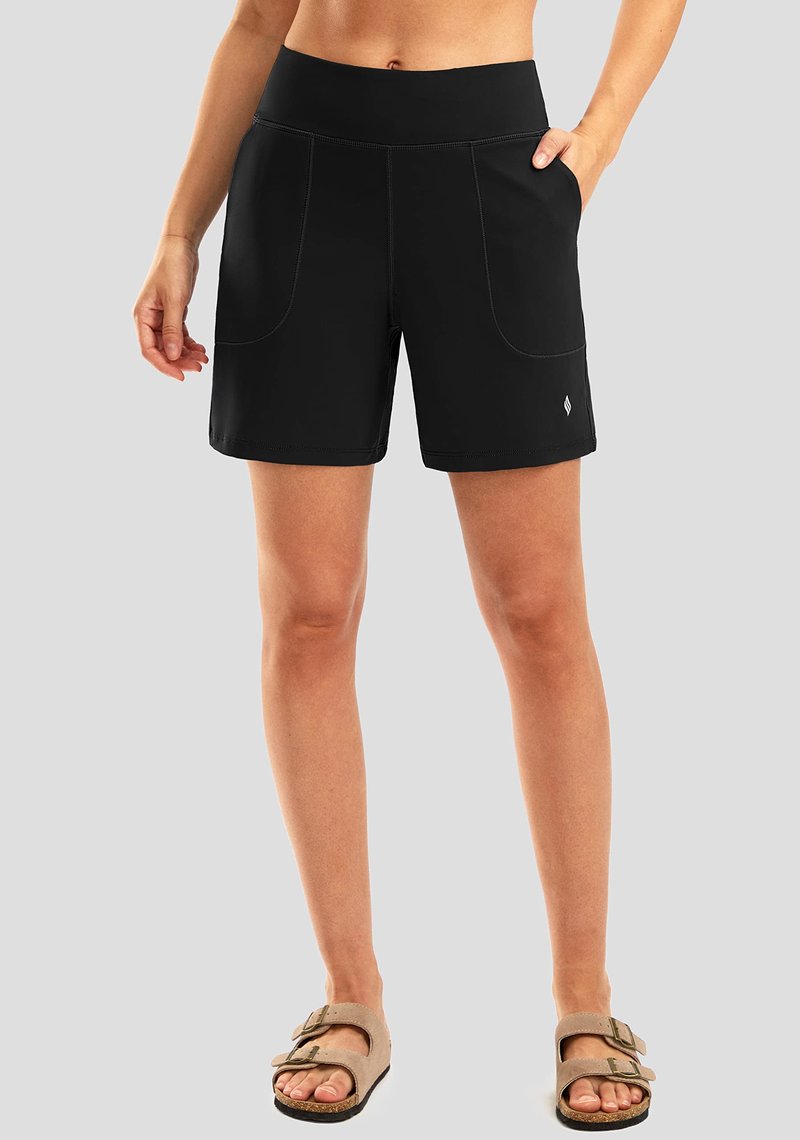 SANTINY Women's 6'' Athletic Long Shorts with 4 Pockets High Waisted Bermuda Shorts for Women Walking Running Casual (Black_L)