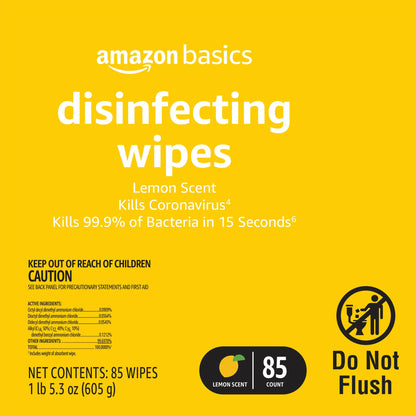 Amazon Basics Wipes, Lemon & Fresh Scent, Sanitizes, Cleans & Deodorizes, 255 Count (3 Packs of 85)