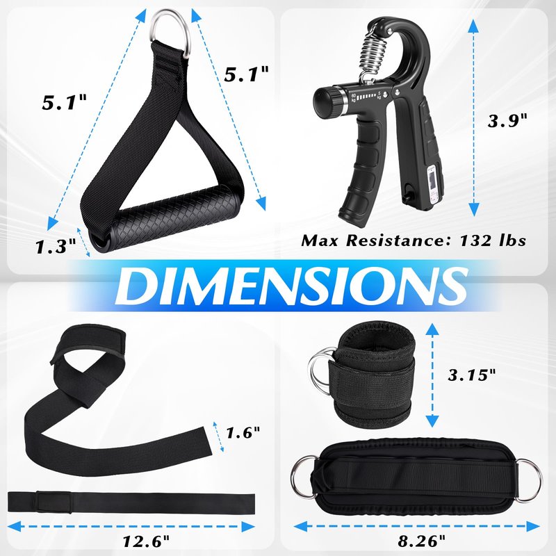 10-in-1 Cable Machine Attachments Set for Gym - Includes Tricep Rope, V-Bar, Straight Bar, D-Handle, Ankle/Wrist Straps, Storage Bag - Compatible with LAT Pulldown & Home Gym Cable Machines