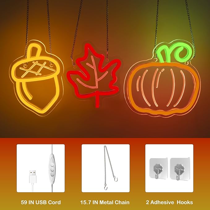 Cute Thanksgiving Harvest Neon Sign Acorn Maple Leaf Pumpkin LED Wall Lights Indoor Thanksgiving Neon Light USB Charged Fall Decor Ideas for Teen Room Men Cave in Fall Fest Party