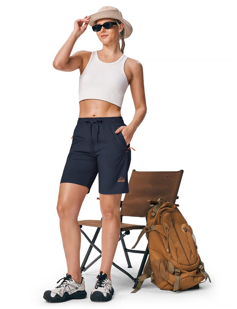 Rdruko Women's Hiking Shorts 8" Quick Dry Lightweight Water Resistant Outdoor Travel Shorts with Pockets, Navy Blue, L