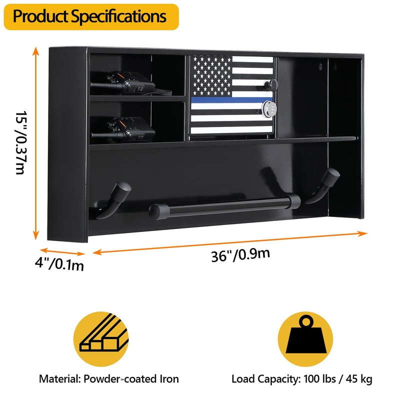 BUYYAH Wall Mounted Police Gear Rack, All Iron Frame with Gun Storage, Combination Lock, Tactical Duty Gear Rack for Home, Office, Police Gift Decor with Flag, Black