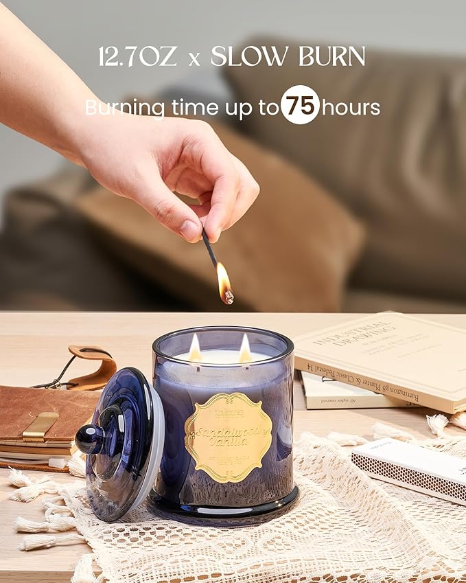 M&SENSE Sandalwood Vanilla Scented Candle for Home, Natural Organic Soy Wax, Jar Candle 12.7oz 75H Long Lasting, Fall Winter Relaxing Aromatherapy Candles Stress Relief, Thanksgiving Christmas Gift
