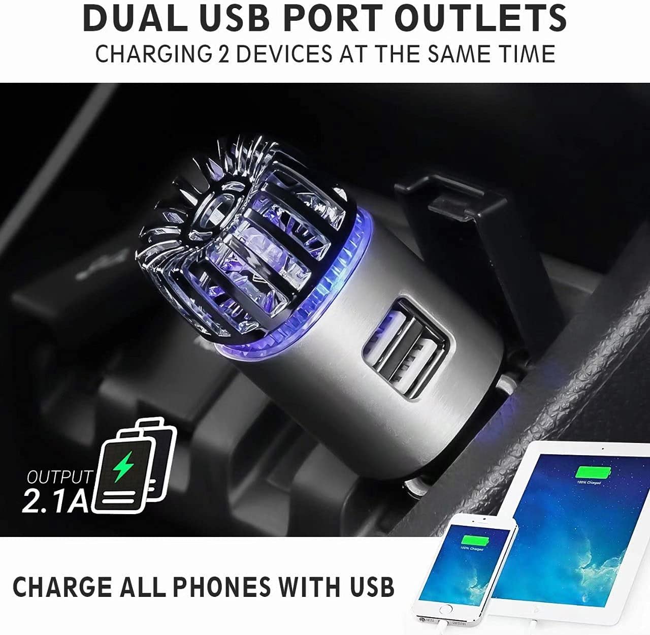 Car Air Purifier Ionizer, 12V Plug-in Car Air Freshener Gadgets with Dual USB Charger Removes Cigarette Smoke, Pet and Food Odor, Ionic Ozone (Silver)