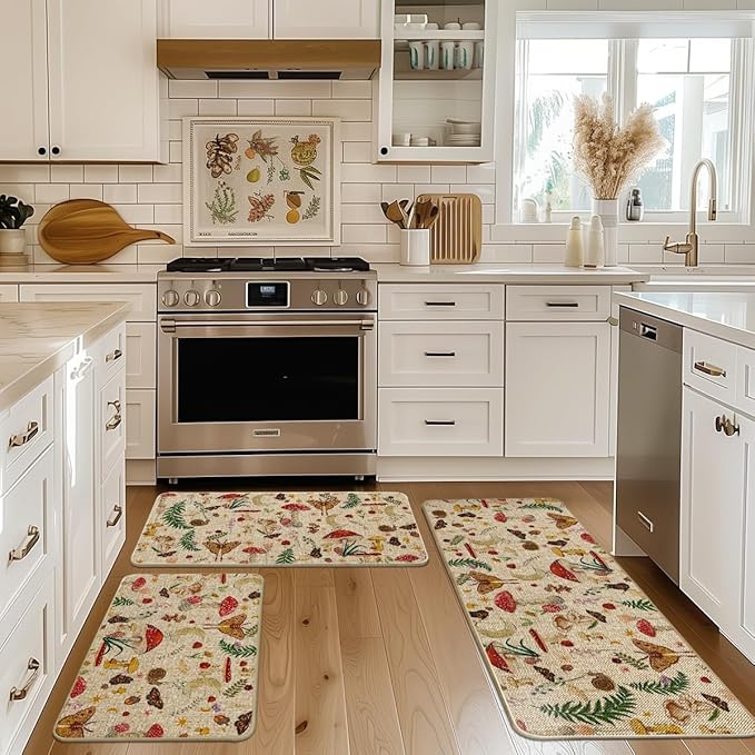 Artoid Mode Mushrooms Butterfly Spring Kitchen Mats Set of 3, Home Decor Low-Profile Kitchen Rugs for Floor - 17"x29"+17"x36"+17"x47"