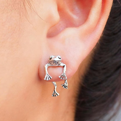 Silver Frog Earrings for Women Christmas Stocking Stuffers Vintage Frogs Shaped Stud Earrings Funny Cute 3D Animal Earrings Jewelry Gifts