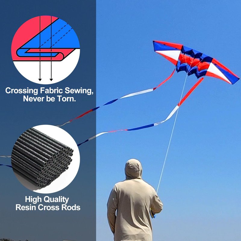 Beach Kites for Adults Large with Long Tail, 98 inches Super Easy Flyer 3D Rainbow Box Kites, Come with 49 Feet Multi Colors Tails x 2, 300 ft Kite String & Handle (Red, White & Blue)