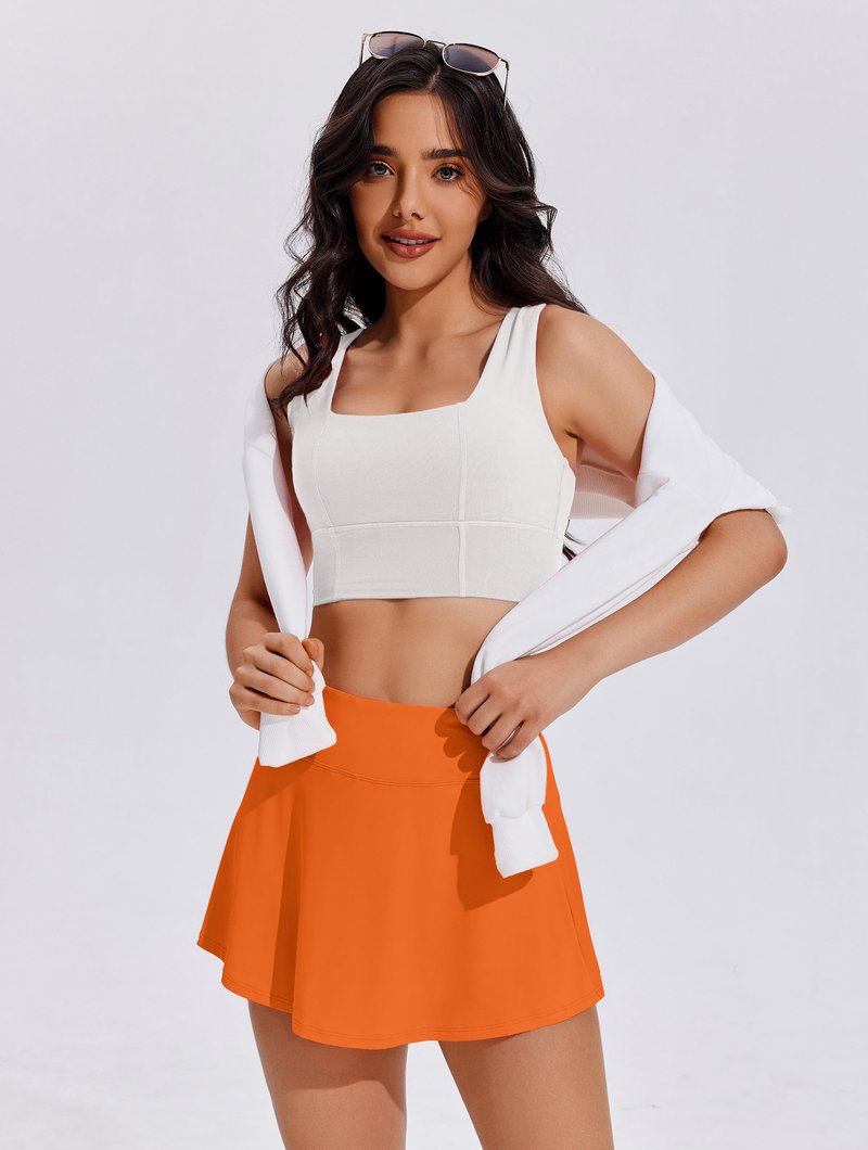 PINSPARK Skorts for Woman High Waisted Tennis Skirt Lightweight Golf Skort Mini Athletic Skirts with Shorts Flowy Skorts for Women with Pockets, Orange XX-Large
