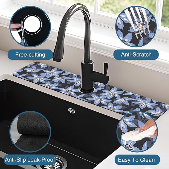 Blooming Lily Sink Splash Guard Faucet Mat Blue Lily Flowers Super Absorbent