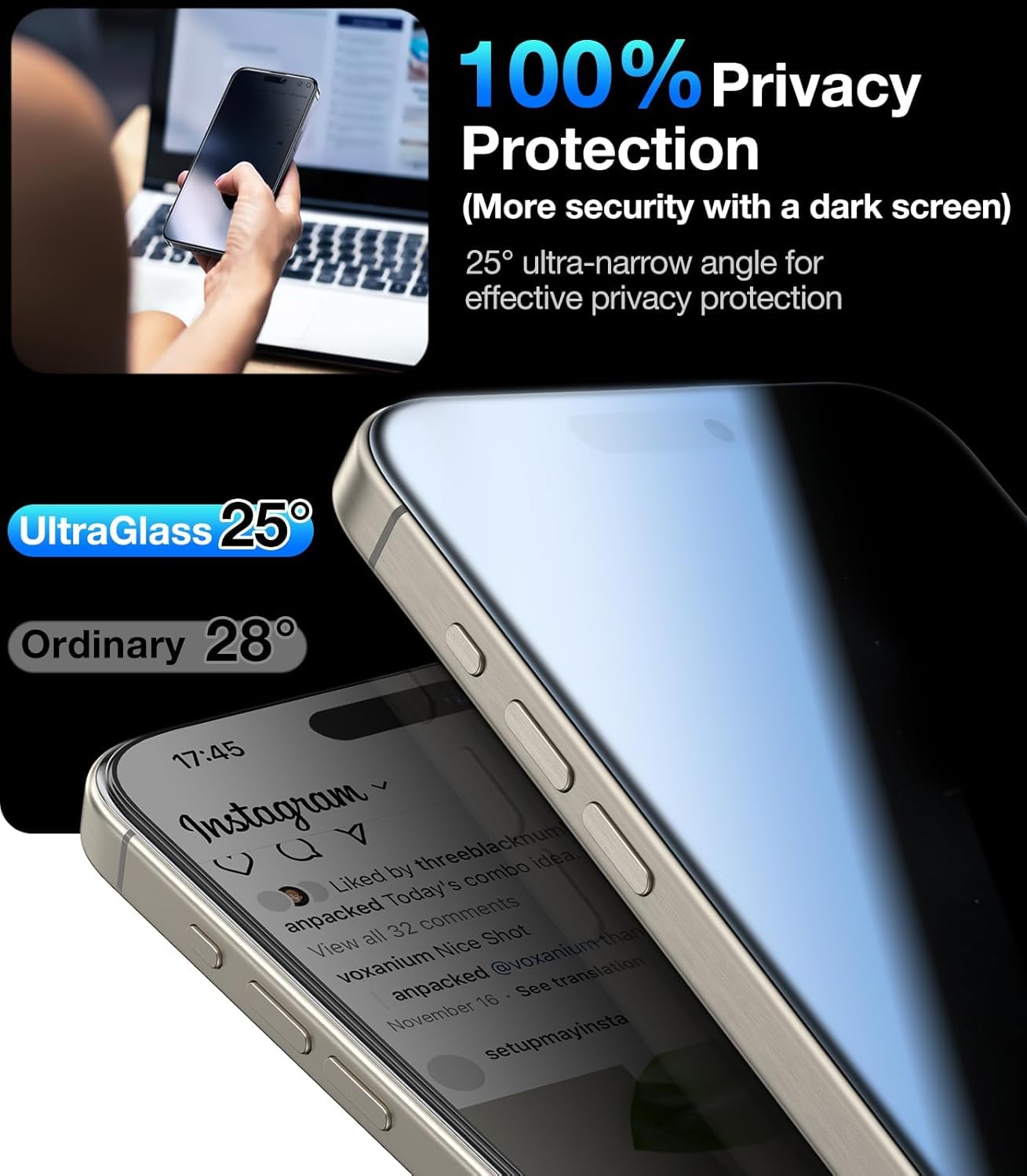 UltraGlass 9H+ Glass for iPhone 15 Pro Max Privacy Screen Protector [Invisible Privacy Armor] Screen Protector 15 Pro Max Tempered [Full Coverage & Longest Durable] 15 ProMax, 2 Pack