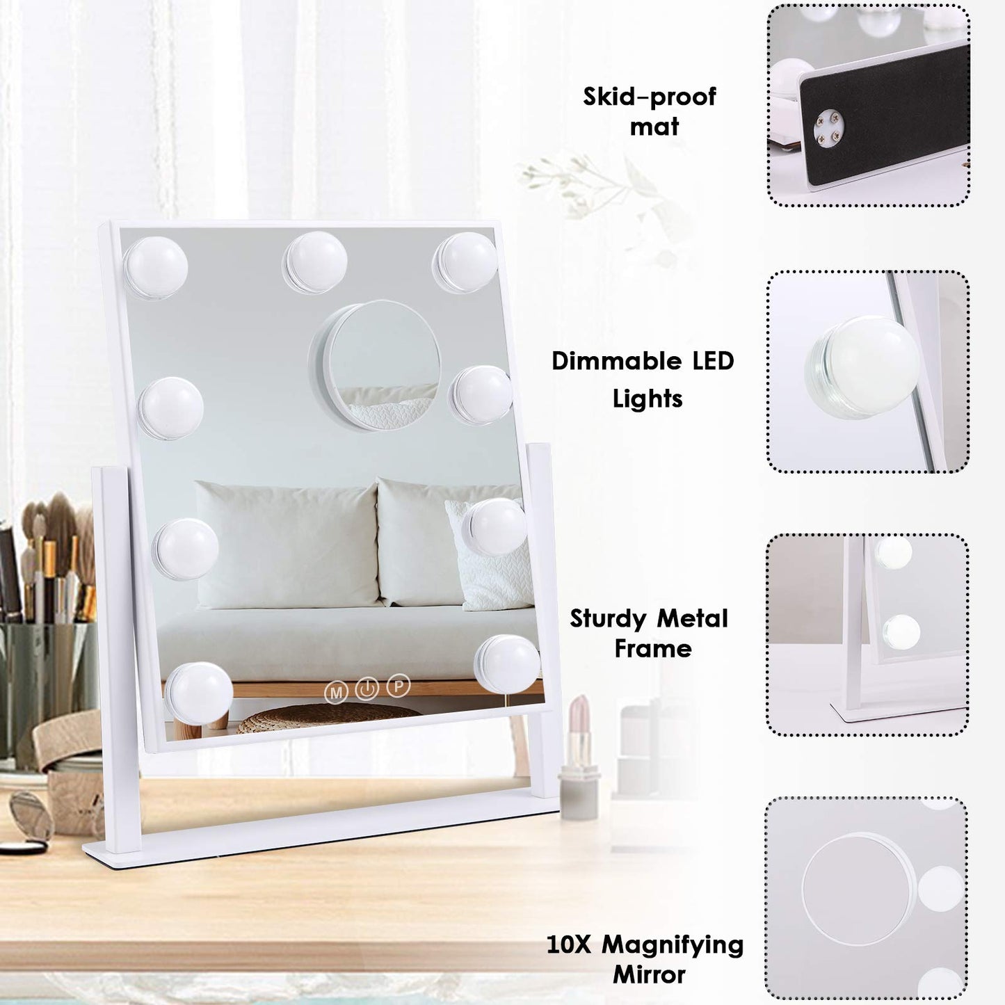 Lighted Makeup Mirror Hollywood Mirror Vanity Mirror with Lights, Touch Control Design 3 Colors Dimable LED Bulbs, Detachable 10X Magnification, 360°Rotation, (White) 12" L x 14" W