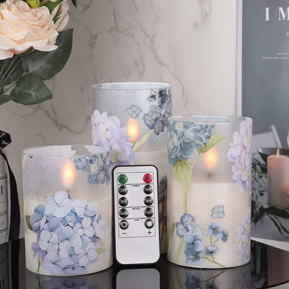 Eldnacele Hydrangea Glass LED Candles Flickering with Remote Timer, Battery Operated Flameless Candles Home Wedding Christmas Decoration Gift(3 x 4,5,6 Inches)