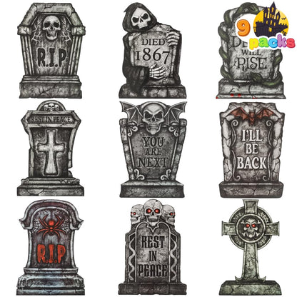 JOYIN 16" 9 Pcs Halloween Tombstones Decorations Outdoor, Graveyard Yard Lawn Plastic Headstones with 18 Metal Stakes for Halloween Cemetery, Indoor Decorations, Prop, Party Decor Supplies