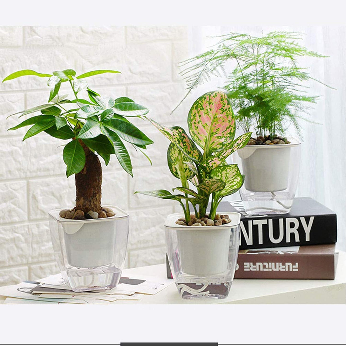 Sungmor Clear Self Watering Planter for Indoor Plants, 3 Pack 6.9 Inch Plastic Violet Flower Pots, Square Watering Plant Pot for House Plants,Orchid,Succulents, Herbs