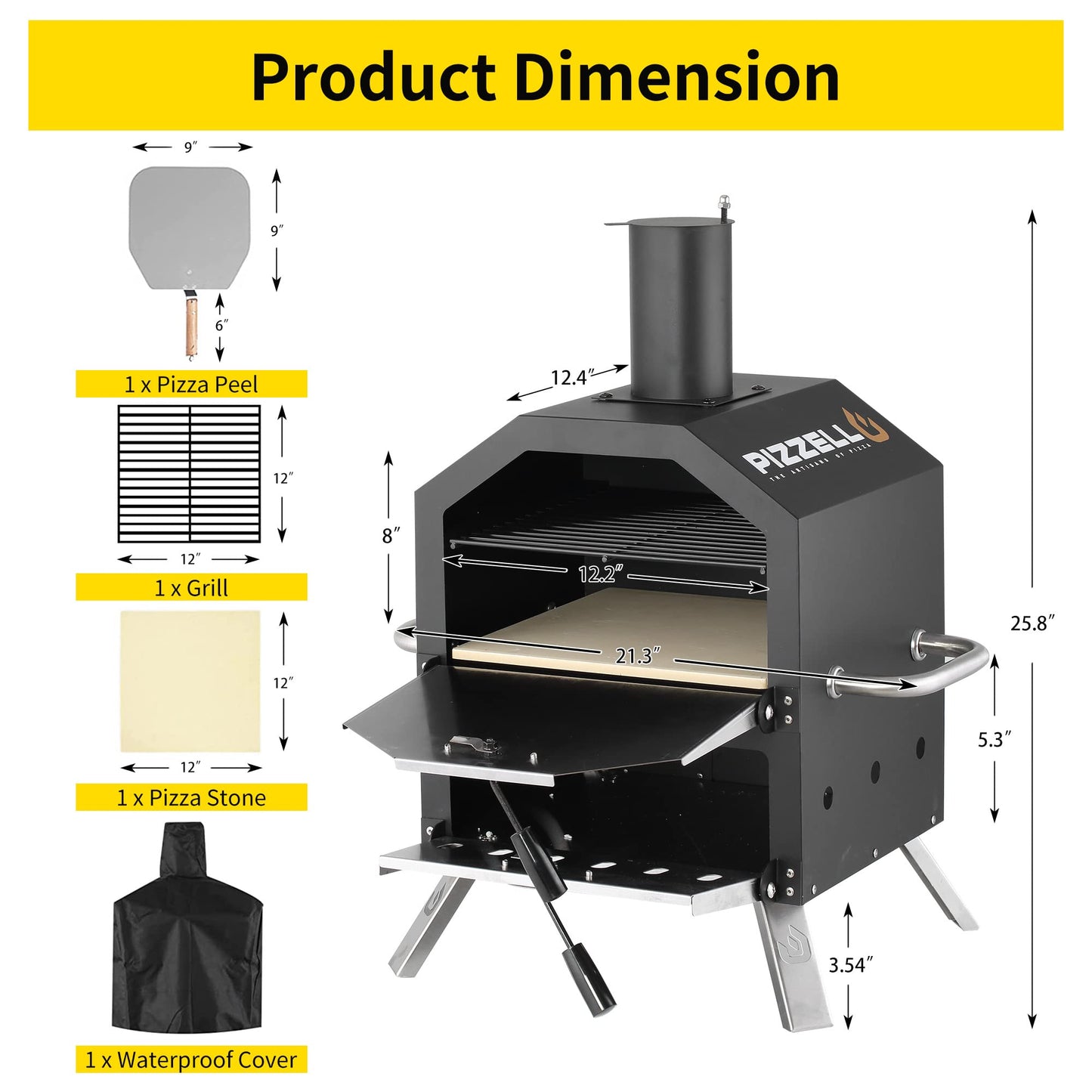 Pizzello Outdoor Pizza Oven Wood Fired 2-Layer Pizza Ovens 12" Outside Pizza Maker with Stone, Pizza Peel, Cover,Removable Cooking Rack for Camping Backyard BBQ (Black)