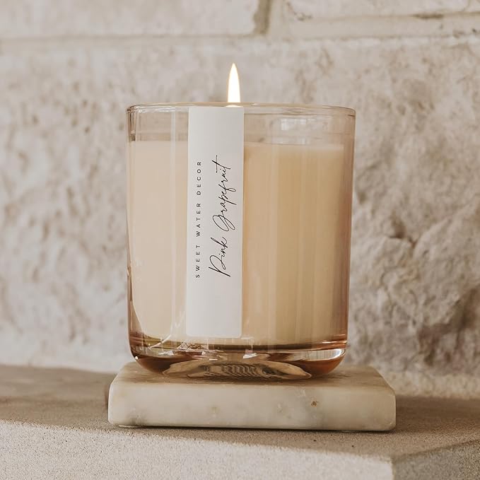 Sweet Water Decor Pink Grapefruit Scented Soy Candles – Grapefruit, Orange, Strawberry, Rose, Musk, Cedarwood – Uplifting Aroma – 50 Hour Burn – 12oz Tinted Glass Jar for Home Decor and Bedroom Decor