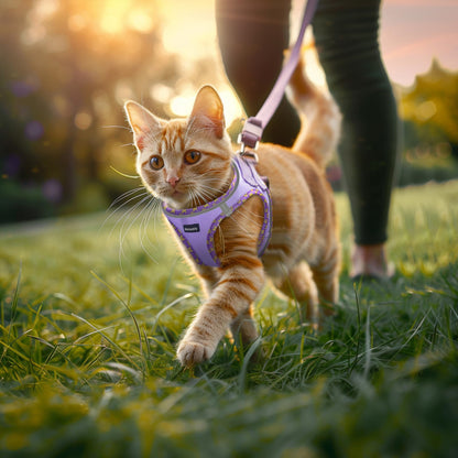 Rttochfy Cat Harness and Leash Set, Escape Proof Kitten Harness, Soft and Breathable Vest with Reflective Strip, Easy to Wear for Cats Walking and Traveling (Purple, S)