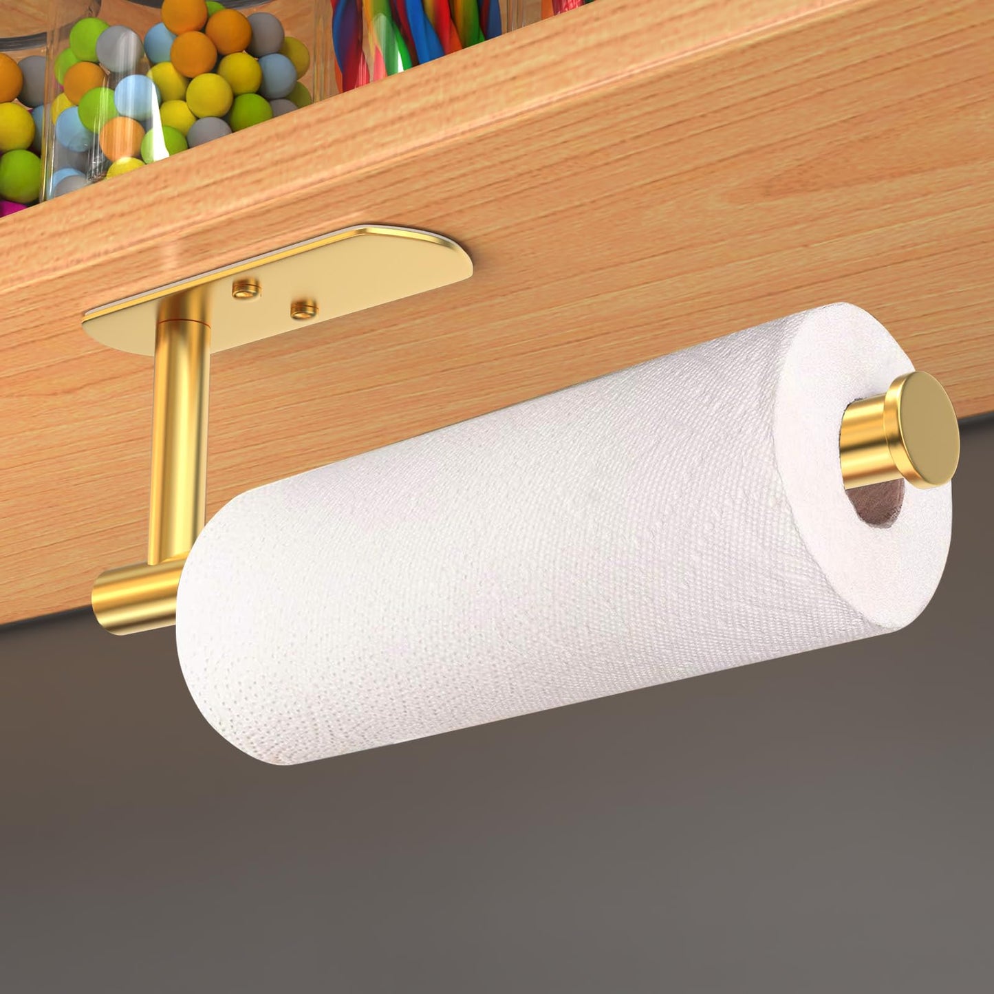 VAEHOLD Self Adhesive Paper Towel Holder Under Cabinet Wall Mounted Paper Towel Roll Holder for Kitchen Bathroom Wall - SUS304 Stainless Steel (Gold)