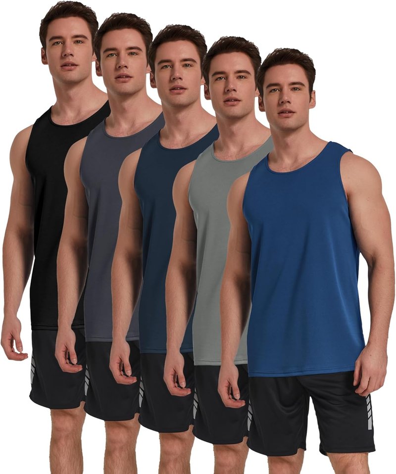 Men's Workout Tank Tops - 5 Pack Sleeveless Mesh Gym Shirts | Quick Dry, Black/Gray/Navy/Blue