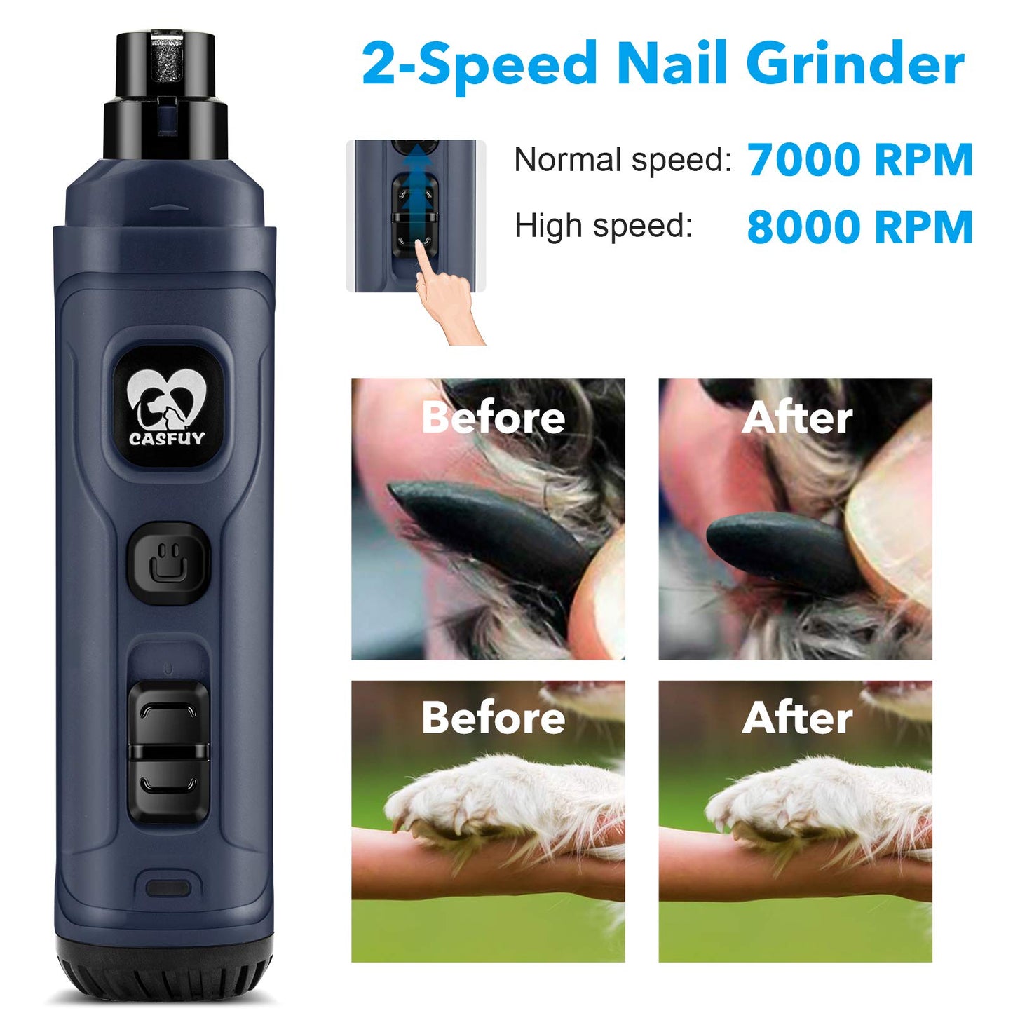 Casfuy Dog Nail Grinder with 2 LED Light - New Version 2-Speed Powerful Electric Pet Nail Trimmer Professional Quiet Painless Paws Grooming & Smoothing for Small Medium Large Dogs and Cats (Blue)