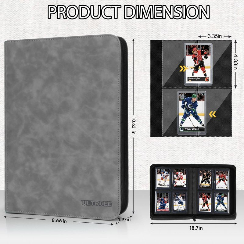 ULTRGEE 4 Slot Top Loader Binder, Top Loaders Collection Storage Album for Trading Cards and Sports Cards - Holds 112 Top Loader, NOT Suitable for Cards WITHOUT Top Loaders(Gray)