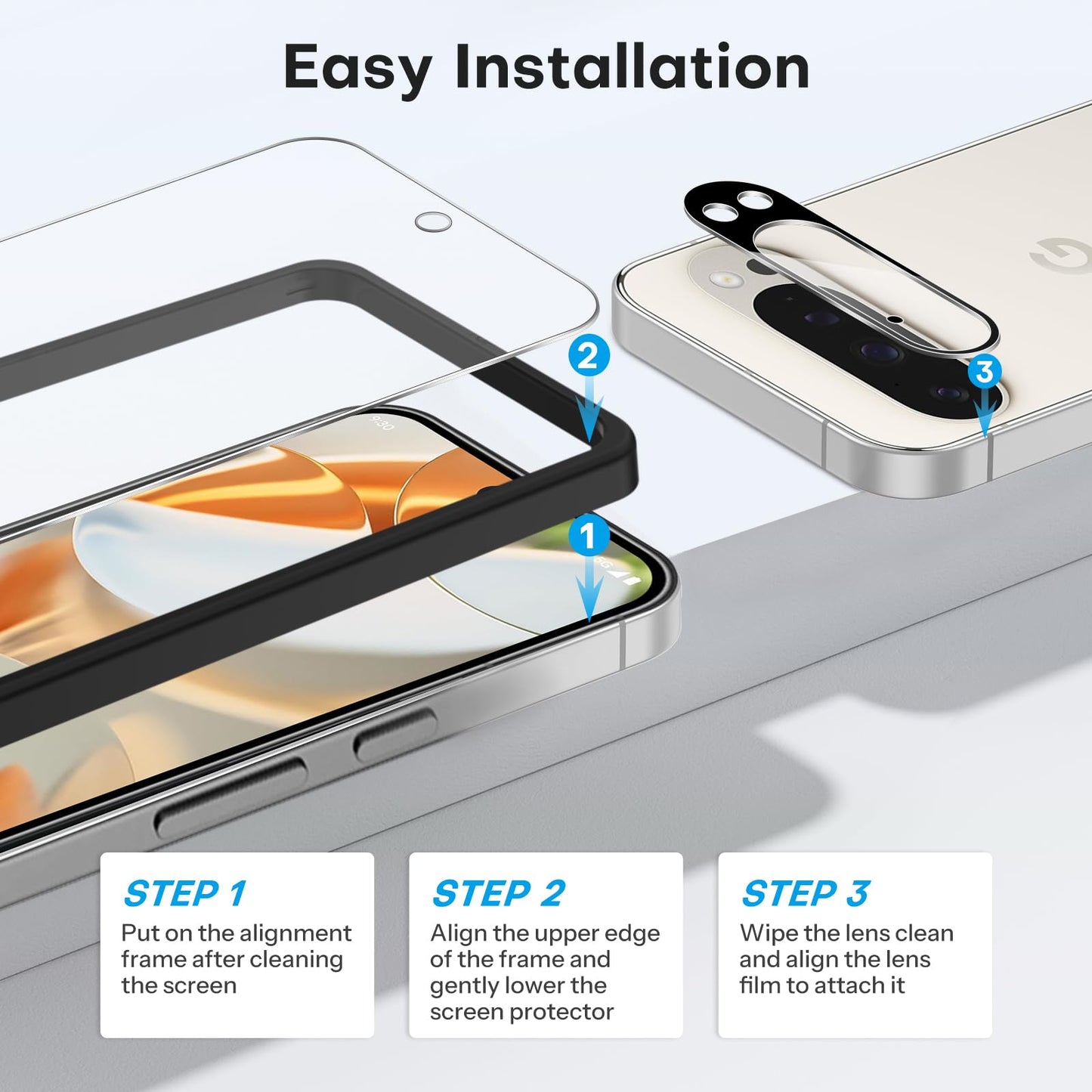 OMOTON 3+2 Pack for Google Pixel 9 Pro Screen Protector, 3 Pack Tempered Glass Screen Protector & 2 Pack Camera Lens Protector for Pixel 9 Pro 2024 6.3-inch, Case Friendly (Not for Pixel 9/9 Pro XL)