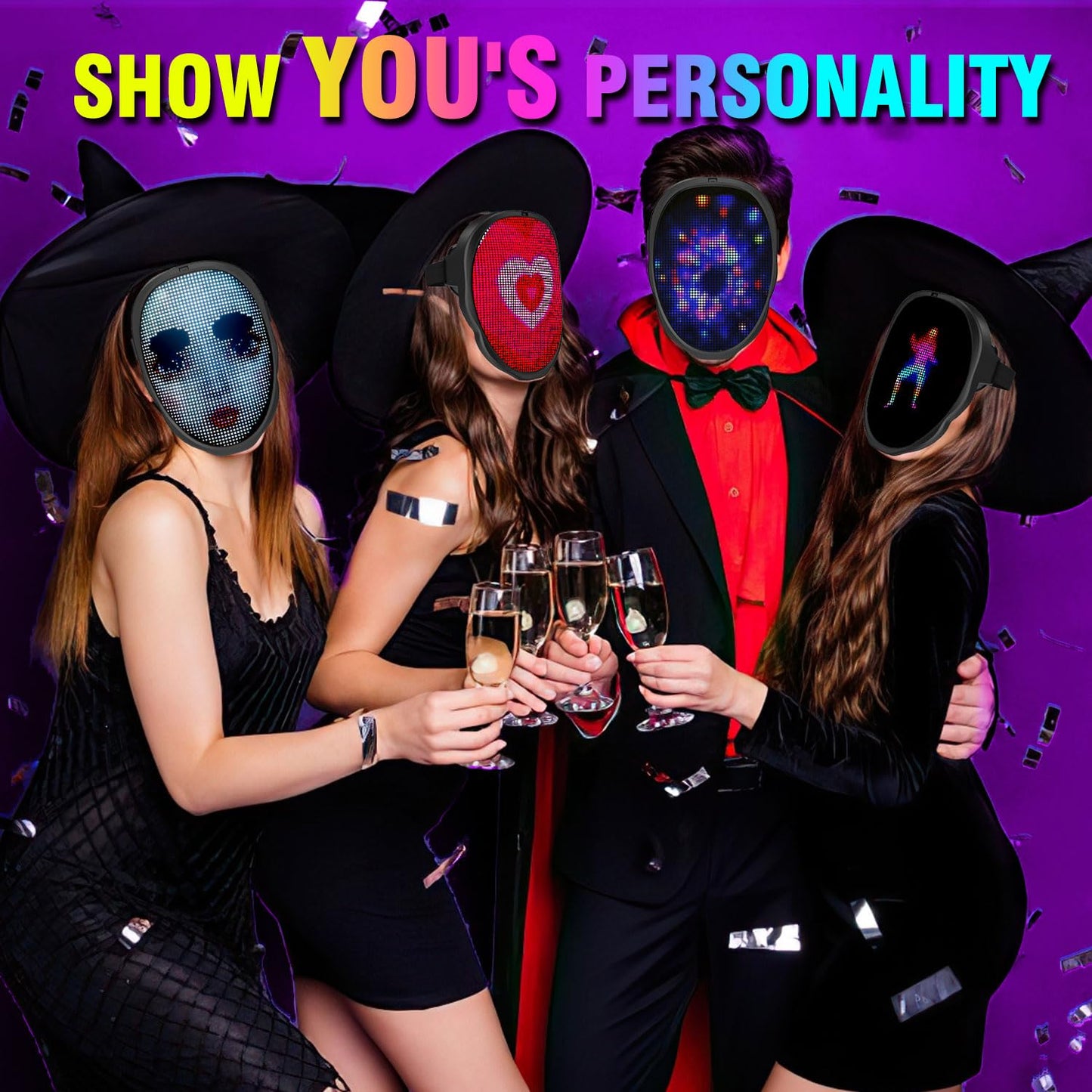 MEGOO Led Mask with Bluetooth Programmable App,Shining Led Light Up Face Mask for Adult Kid Halloween Masquerade Party (USB Recharge)